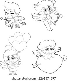 Outlined Cute Cupid Baby Cartoon Characters. Vector Hand Drawn Collection Set Isolated On Transparent Background