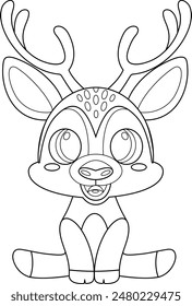 Outlined Cute Deer Animal Cartoon Character. Vector Hand Drawn Illustration Isolated On Transparent Background