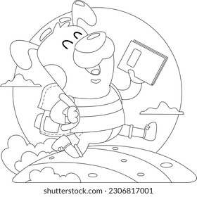 Outlined Cute Dog Cartoon Character Goes To School With A Backpack And A Textbook. Vector Hand Drawn Illustration Isolated On Transparent Background