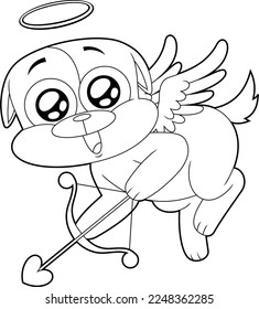 Outlined Cute Dog Cupid Cartoon Character With Bow And Arrow Flying. Vector Hand Drawn Illustration Isolated On Transparent Background
