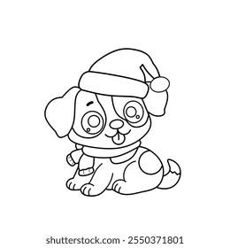 Outlined Cute dog wearing christmas costume. Coloring page outline of cute animals. Animals tracing worksheet. Kindergarten and preschool activity