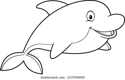 Outlined Cute Dolphin Fish Cartoon Character Jumping. Vector Hand Drawn Illustration Isolated On White Background