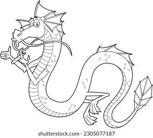 Outlined Cute Dragon Cartoon Character Smoking A Joint. Vector Hand Drawn Illustration Isolated On Transparent Background
