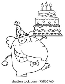 Outlined Cute Elephant Walking With Birthday Cake With Three Candles.Vector Illustration