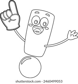 Outlined Cute Exclamation Mark Cartoon Character Wearing A Foam Finger. Vector Hand Drawn Illustration Isolated On Transparent Background