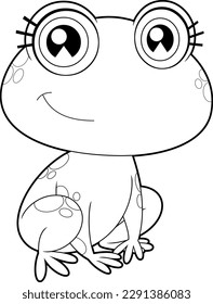 Outlined Cute Female Frog Cartoon Character. Vector Hand Drawn Illustration Isolated On Transparent Background