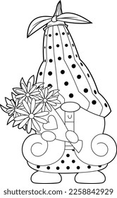 Outlined Cute Female Gnome Cartoon Character Holding A Bouquet. Vector Hand Drawn Illustration Isolated On Transparent Background