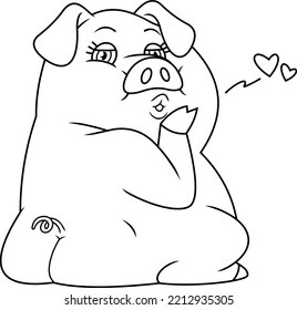 Outlined Cute Female Pig Cartoon Character In Love Sends Kisses With Hearts. Vector Hand Drawn Illustration Isolated On Transparent Background