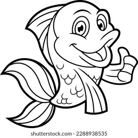 Outlined Cute Fish Cartoon Character Showing Thumbs Up. Vector Hand Drawn Illustration Isolated On Transparent Background