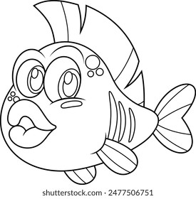 Outlined Cute Fish Cartoon Character Swims Underwater. Vector Hand Drawn Illustration Isolated On Transparent Background