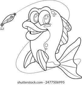 Outlined Cute Fish Cartoon Character Catching The Fishing Lure. Vector Hand Drawn Illustration Isolated On Transparent Background