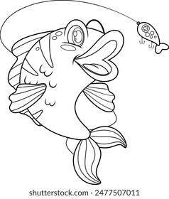 Outlined Cute Fish Cartoon Character Catching The Fishing Lure. Vector Hand Drawn Illustration Isolated On Transparent Background