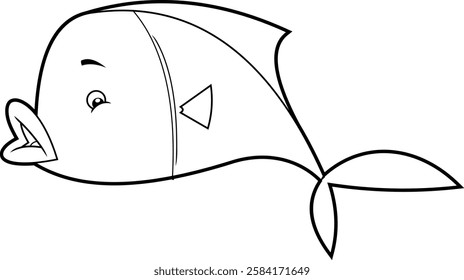 Outlined Cute Fish Cartoon Character With Open Mouth. Vector Hand Drawn Illustration Isolated On Transparent Background