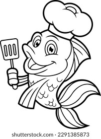 Outlined Cute Fish Chef Cartoon Character Holding A Slotted Spatula. Vector Hand Drawn Illustration Isolated On Transparent Background