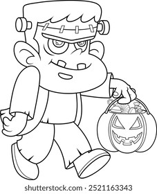 Outlined Cute Frankenstein Cartoon Character Running With Pumpkin Candy Basket. Vector Hand Drawn Illustration Isolated On Transparent Background