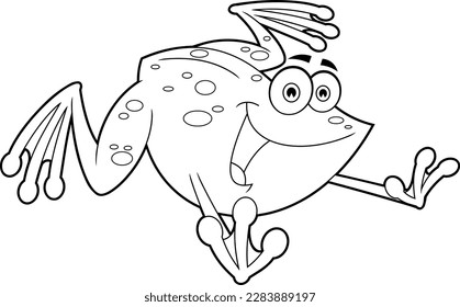 Outlined Cute Frog Cartoon Character Jumping. Vector Hand Drawn Illustration Isolated On Transparent Background