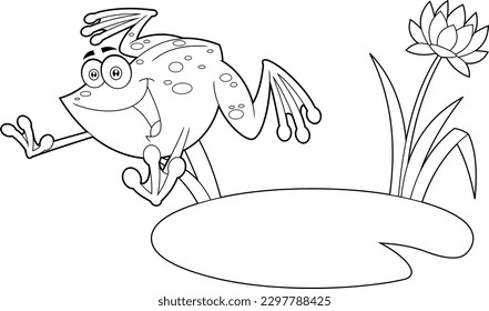 Outlined Cute Frog Cartoon Character Jumping. Vector Hand Drawn Illustration Isolated On Transparent Background