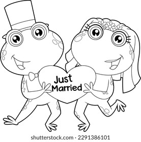 Outlined Cute Frogs Cartoon Characters Newlyweds. Vector Hand Drawn Illustration Isolated On Transparent Background