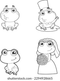 Outlined Cute Frogs Cartoon Characters Newlyweds. Vector Hand Drawn Collection Set Isolated On Transparent Background