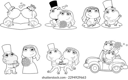 Personajes De Caricatura De Ranas Cutas Esbozadas. Conjunto De Colección De Dibujo De Mano De Vector Aislado En Fondo Transparente