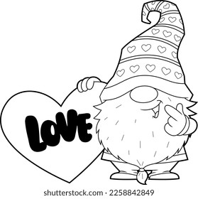 Outlined Cute Gnome Lover Cartoon Character Holding A Heart With Text Love. Vector Hand Drawn Illustration Isolated On Transparent Background