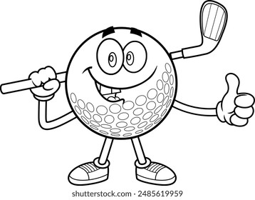 Personaje De Dibujos Animados De Pelota De Golf Lindo Delineado Dando Los Pulgares Hacia Arriba. Vector Dibujado A Mano Ilustración Aislado Sobre Fondo Transparente