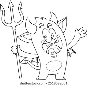 Outlined Cute Halloween Devil Cartoon Character Holding Up A Pitchfork. Vector Hand Drawn Illustration Isolated On Transparent Background