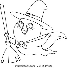 Outlined Cute Halloween Ghost Cartoon Character With A Witch Hat And Broom Flying. Vector Hand Drawn Illustration Isolated On Transparent Background