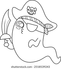 Umrissene nette Halloween Geist Cartoon Charakter mit Piraten Hut halten Schwert. handgezeichnete Vektorgrafik einzeln auf transparentem Hintergrund