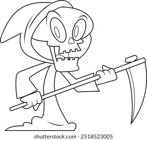 Outlined Cute Halloween Grim Reaper Skeleton Cartoon Character With A Scythe. Vector Hand Drawn Illustration Isolated On Transparent Background