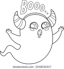 Outlined Cute Halloween Scary Ghost Cartoon Character With Horns. Vector Hand Drawn Illustration Isolated On Transparent Background