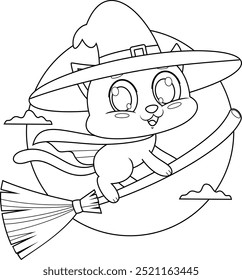 Outlined Cute Halloween Witch Black Cat Cartoon Character Flying On A Broom Stick. Vector Hand Drawn Illustration Isolated On Transparent Background