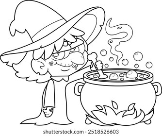 Outlined Cute Halloween Witch Cartoon Character Preparing A Potion In A Cauldron. Vector Hand Drawn Illustration Isolated On Transparent Background