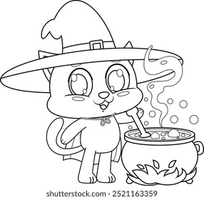 Outlined Cute Halloween Witch Cat Cartoon Character Preparing A Potion In A Cauldron. Vector Hand Drawn Illustration Isolated On Transparent Background