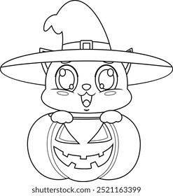 Outlined Cute Halloween Witch Cat Cartoon Character In Pumpkin. Vector Hand Drawn Illustration Isolated On Transparent Background