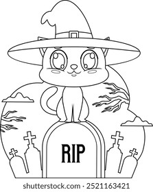 Outlined Cute Halloween Witch Cat Cartoon Character Sitting On Tombstone In A Graveyard. Vector Hand Drawn Illustration Isolated On Transparent Background