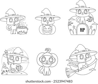 Outlined Cute Halloween Witch Cat Cartoon Character. Vector Hand Drawn Collection Set Isolated On Transparent Background