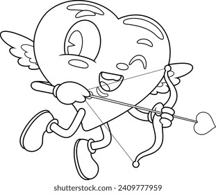 Outlined Cute Heart Cupid Retro Cartoon Character Flying With Bow And Arrow. Vector Hand Drawn Illustration Isolated On Transparent Background