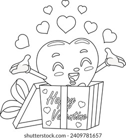 Outlined Cute Heart Retro Cartoon Character Exit From Gift Box. Vector Hand Drawn Illustration Isolated On Transparent Background