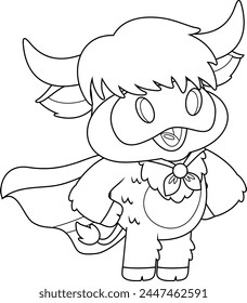 Outlined Cute Highland Cow Animal Cartoon Character SuperHero. Vector Hand Drawn Illustration Isolated On Transparent Background