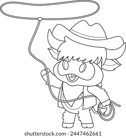 Outlined Cute Highland Cow Animal Cartoon Character Cowboy With Lasso. Vector Hand Drawn Illustration Isolated On Transparent Background