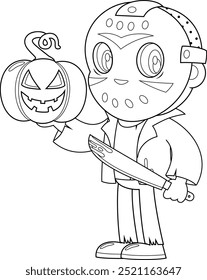 Personaje Lindo De Dibujos Animados De Asesinos Que Muestra La Calabaza De Halloween Jack O'Lantern Y Sostiene Un Machete Sangriento. Ilustración Dibujada A Mano De Vector Aislada Sobre Fondo Transparente
