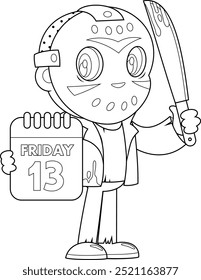 Esbozado Lindo Personaje De Dibujos Animados Asesino Mostrando Calendario Viernes 13 Y Sosteniendo Un Machete Sangriento. Ilustración Dibujada A Mano De Vector Aislada Sobre Fondo Transparente