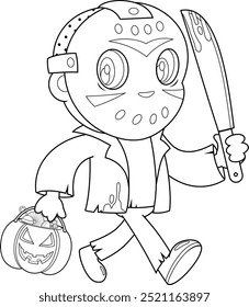 Personaje Lindo De La Historieta Del Asesino Que Camina Con La Cesta Del Caramelo De La Calabaza Y Que Sostiene Un Machete Sangriento. Ilustración Dibujada A Mano De Vector Aislada Sobre Fondo Transparente