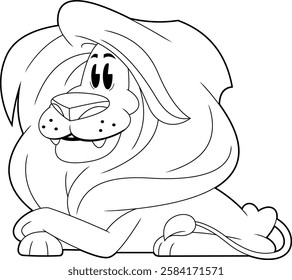 Outlined Cute Lion Cartoon Character With Majestic Mane Lying Down. Vector Hand Drawn Illustration Isolated On Transparent Background