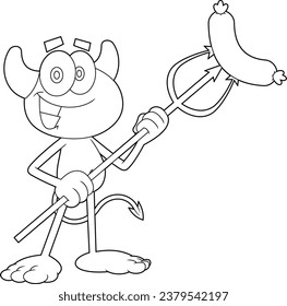 Outlined Cute Little Devil Cartoon Character With Grilled Sausages In Pitchfork. Vector Hand Drawn Illustration Isolated On Transparent Background