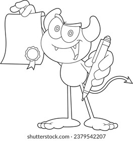 Outlined Cute Little Devil Cartoon Character Holds Up A Contract. Vector Hand Drawn Illustration Isolated On Transparent Background
