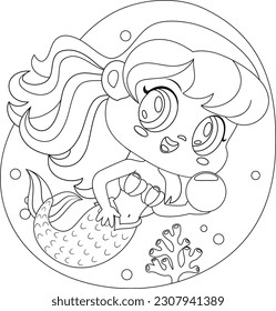 Outlined Cute Little Mermaid Girl Cartoon Character Swims Underwater With Big Pearl. Vector Hand Drawn Illustration Isolated On Transparent Background