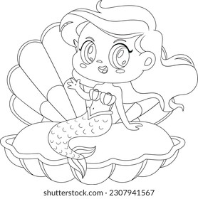 Outlined Cute Little Mermaid Girl Cartoon Character In Clam Shell Waving. Vector Hand Drawn Illustration Isolated On Transparent Background