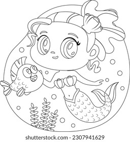 Outlined Cute Little Mermaid Girl Cartoon Character Swims Underwater With Fish. Vector Hand Drawn Illustration Isolated On Transparent Background